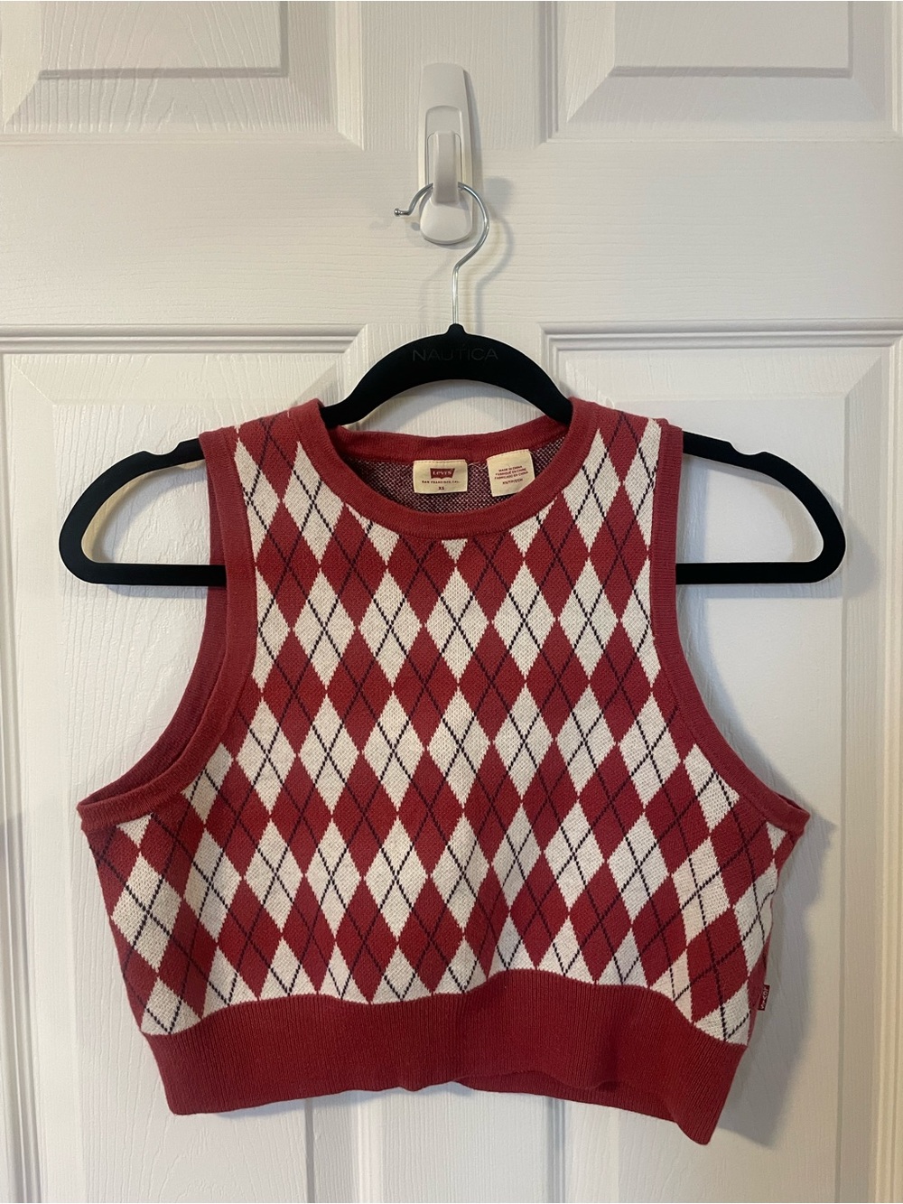 Levi's Red and White Argyle Knit Cropped Sweater Vest